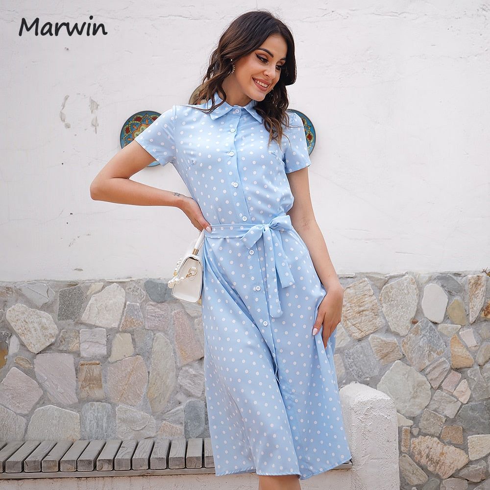 Christmas Gift Marwin Long Simple Casual Dot Dress With Belt Holiday Style High Waist Buttoned Fashion Mid-Calf Summer Dresses NEW Vestidos
