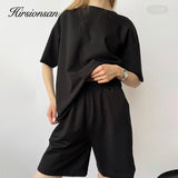 Christmas Gift Hirsionsan Soft Cotton Sets Women 2021 New Casual Two Pieces Short Sleeve T Shirts and High Waist Shorts Solid Outfits Tracksuit