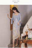 Kukombo High Sense Women Two Piece Set Blue Long Sleeved Chic Slit Gentle Blouse+Sexy Hollow Back Square Collar Print Lace Sling Dress