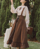 Kukombo 2022 Spring Summer Women Long Midi Suspender Skirt Teen Girls Preppy Style Cute Lace-Up High Waist Ruffle A-Line Skirts