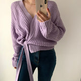 Kukombo Women Sweater Oversized Cardigan 2021 Fall Long Sleeve Coarse Yam Knitted Solid Plus Size Clothes V Neck Casual Lace Up