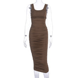 Kukombo ruched women midi shirt dress bodycon sexy sleeveless elegant party backless streetwear 2022 spring summer clothes club