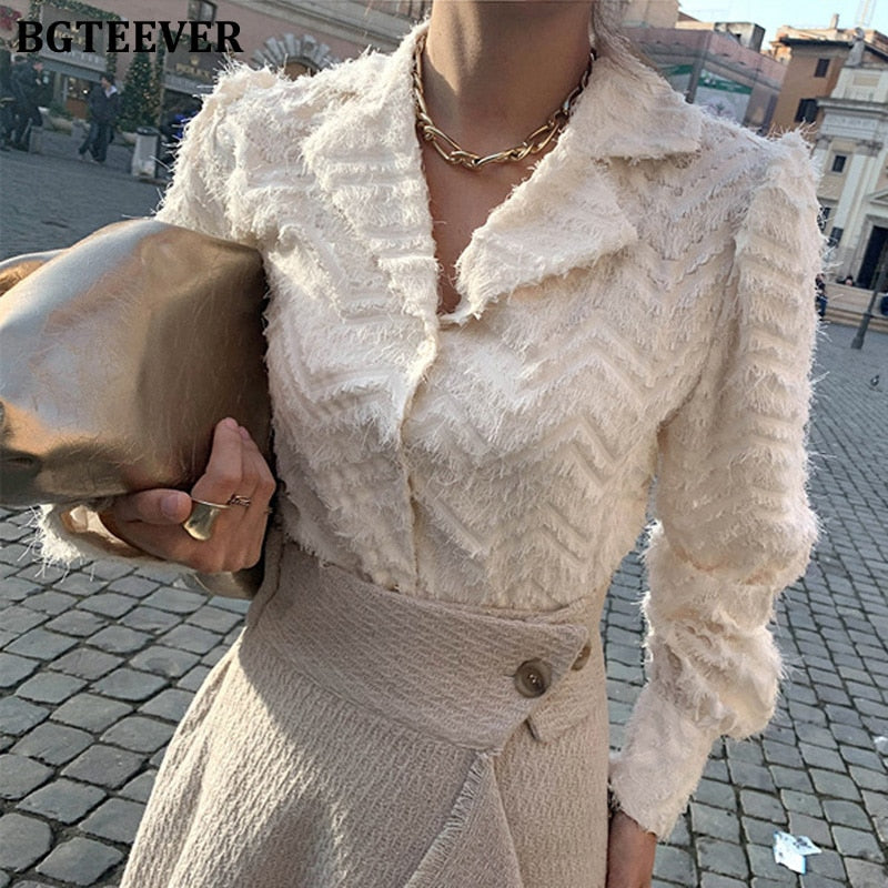 Christmas Gift BGTEEVER Elegant Notched Collar Women Tassels Shirts Blouses 2021 Spring New Single-breasted Female Workwear Shirts Tops Blusas