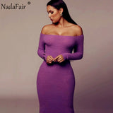 Nadafair Off Shoulder Ribbed Knit Midi Dress Autumn Winter Women 2020 Club Party Long Sleeve Basic Slim Sexy Bodycon Dress