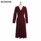Christmas Gift BGTEEVER Elegant V-neck Thick Warm Women Knitted Pleated Dress Long Sleeve Belted Sashes Ladies Sweater Dress 2021 Autumn Winter