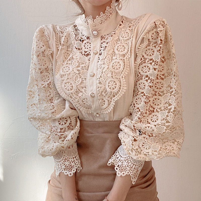 Christmas Gift White Patchwork Shirt Button Hollow Out Tops Korean Chic Lace Blouse Women Flower Stand Collar Blusas Petal Sleeve Blouses 12419