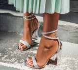Kukombo Christmas Gift Eilyken Silver Bling Crystal Sexy Women Sandals Square heel Buckle Strap Gladiator Women Sandals Stiletto Wedding Rhine Stone