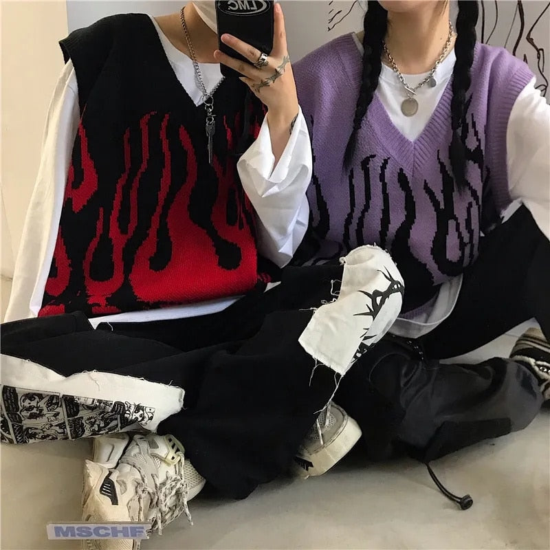 Kukombo Couples Knitted Vest Sweater Autumn Hit Color Flame Sleeveless V Neck Woman's Vests 2022 Loose Waistcoat Chic Oversized Sweaters