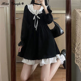 Kukombo  Kukombo  Autumn Black Lolita Dress Women Patchwork Elegant Vintage Party Mini Dress Female Casual Bow High Waist Korean Kawaii Dress 2022 K105