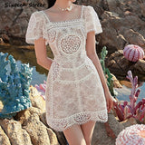Kukombo 2022 Vintage White Lace Dress Women High Waist Short Sleeve Mini Party Dresses Women Clothing Elegant Hollow Out Boho Vestido
