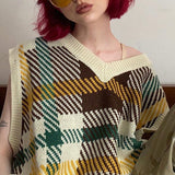 Kukombo Vintage Plaid Knitted Sweater Vest For Women Preppy Style V-Neck Loose Tops Streetwear Fashion Casual Female 90s Vest