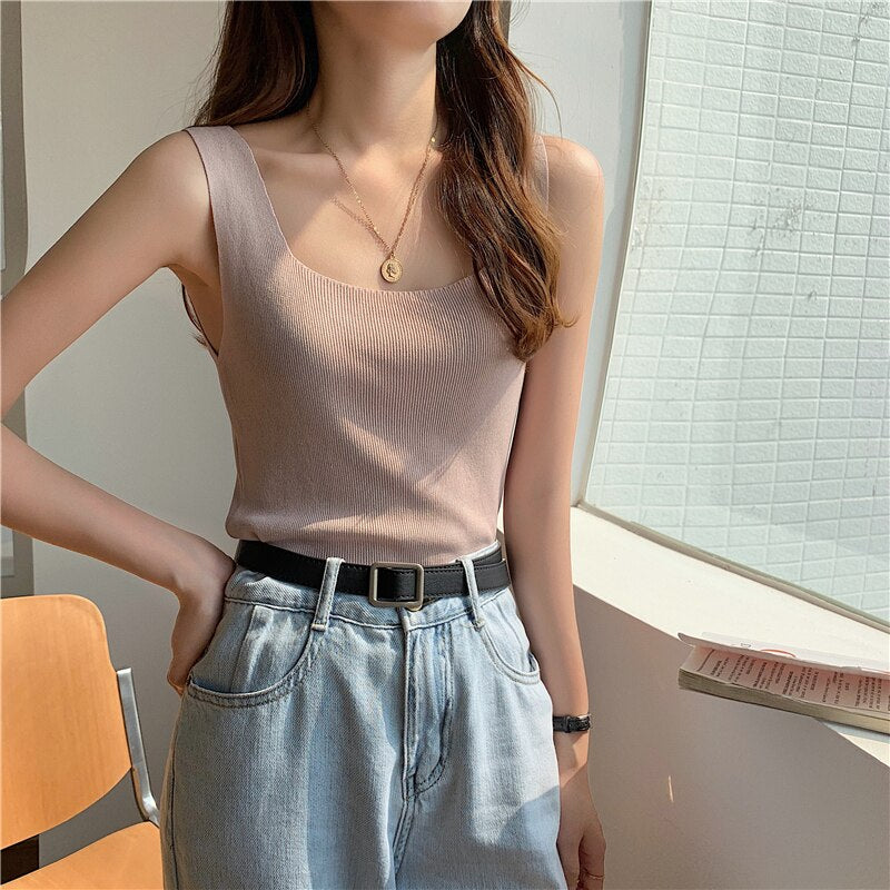Christmas Gift Vest Female Summer Round Neck Sleeveless Solid Pullover 2021 Korean Style Women's Tops Camisole Crop Top Female Clothing #