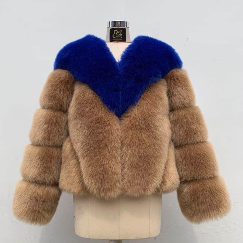 Christmas Gift Fashion Women Luxury Patchwork Faux Fox Fur Jacket Coat Winter Street V Neck Thicken Warm Outerwear Casual Fuzzy Cozy Overcoat