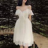 Kukombo Lolita Style Mesh Ruffles Slash Neck Off Shoulder Lace Up Women Summer White Dress Spaghetti Strap Dresses