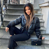 Christmas Gift Streetwear Cropped Faux PU Leather Jacket Women Parkas Turtleneck Bubble Thick Winter Coat Ladies Overcoat Autumn New