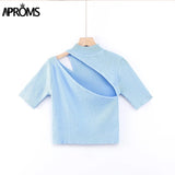 Christmas Gift Aproms Candy Color High Neck Ribbed Knitted T-shirt Women Sexy Short Sleeve Strench Tshirt Ladies Streetwear White Crop Top 2021