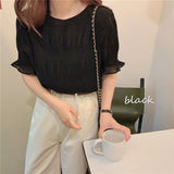 Kukombo 2021 New Chic Blouse Women Chemises Femme O Neck Short Sleeve Unicolor Sweet Summer Shirts Korean Style Blusas Mujer