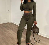 Kukombo Two Piece Casual Suits Long Sleeve Solid Crop Top & Slim Pants Set