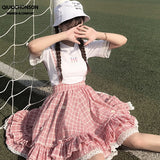 Kukombo Kawaii Lolita Skirt Japanese Soft Girl Teenage Students  Jumpsuit Daisy Appliques Lace Patchwork Ruffle Plaid Suspender Skirts