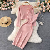 Kukombo Women Elegant Slim Two Piece Sets Female Sweater Dress Autumn Winter High Waist Knitted Ensemble Femme Medium Long Party Dresses
