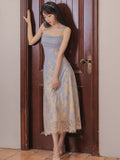 Kukombo High Sense Women Two Piece Set Blue Long Sleeved Chic Slit Gentle Blouse+Sexy Hollow Back Square Collar Print Lace Sling Dress