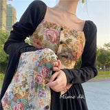 Kukombo French Vintage Palace Dress Women Elegant Dresses Vintage Oli Printing Floral Long Sleeve Long Dress Temperament Vestidos