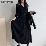 Kukombo Elegant V-neck Single-breasted Women Thicken Sweater Dress 2022 Autumn Winter Knitted Belted Female A-line soft dresses