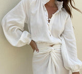 Kukombo White Casual Loose Dress Sets Autumn Long Sleeve Blosues Two Piece Skirt Set Women Vintage High Wasit Slit Skirt Suit