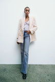 Kukombo Women Fashion Texture Double Breasted Woolen Check Blazer Coat Vintage Long Sleeve Pockets Female Outerwear Chic Veste