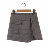 Kukombo Vintage Buckle Check Plaid Short Women Blazer Cropped Irregular Cross Slit Mini Skirt Long Sleeve Suits 2 Pieces Set