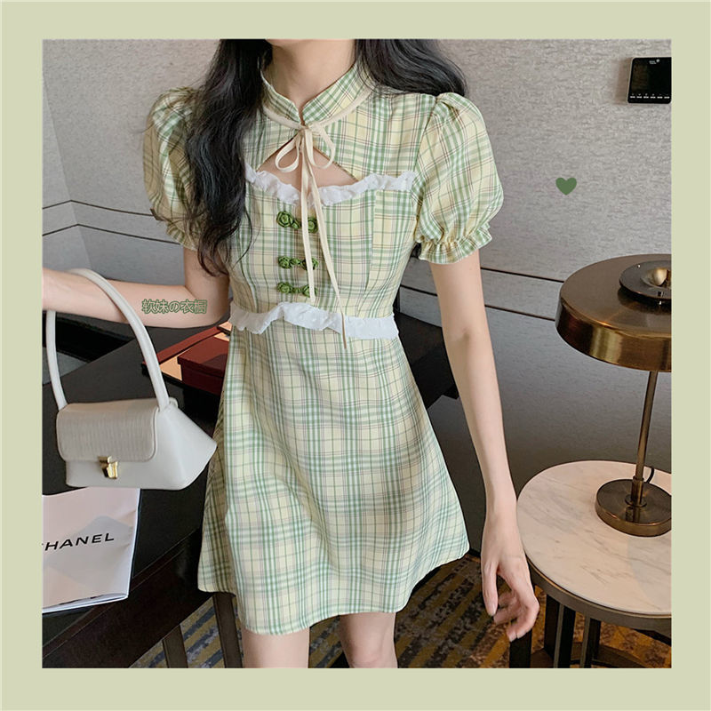 Kukombo Sweet Girl Green Plaid Dress 2022 New Summer Short-Sleeved Stand Collar Cheongsam Women Chinese Style Mini Dresses