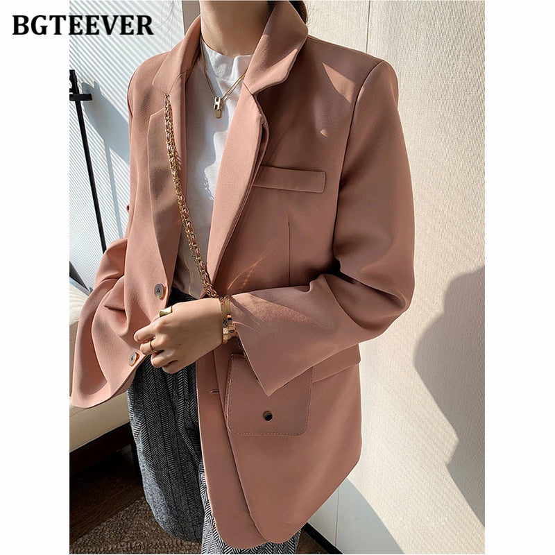 Christmas Gift BGTEEVER 2021 Spring Autumn Solid Jacket Women Suits Single-breasted Pink Blazer Office Ladies Formal Blazer Female Outwear