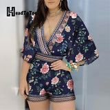 Kukombo Deep V Neck Floral Half Sleeve Romper Women Playsuits Summer Casual One Piece Overalls