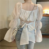 Kukombo Back Puff Sleeve Shirts Women Autumn French Bow Bandage Blouses 2022 New Black Pink Square Neck Cropped Tops Female