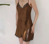 Kukombo Sweetown New Aesthetic Cute Satin Mini Dress Women Lace Trim Brown Vintage Kawaii Clothes Sleeveless V Neck E Girl Dresses