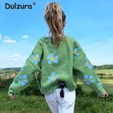 Christmas Gift Harajuku Girls Sweet Green Flower Cropped Cardigan Women Oversized Batwing Sleeve Sweater Knitwear Autumn Winter Warm Knit Coats
