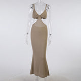 Kukombo Ribbed Knitted Women Pure Strap Midi Dress Hollow Out Bodycon Sexy Streetwear Party Club Festival 2022 Spring Summer