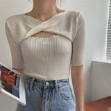 Kukombo New 2023 Women Summer T-Shirt Bottoming Basic Solid Fashionable Knitted Cutout Korean Style Wild Lady Tops