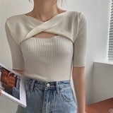 Kukombo New 2022 Women Summer T-Shirt Bottoming Basic Solid Fashionable Knitted Cutout Korean Style Wild Lady Tops-0519