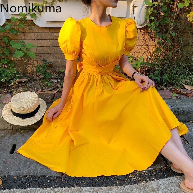 Kukombo Elegant Fashion Big Bow Party Dress Solid Color Short Puff Sleeve Dresses Female Vintage Korean Style Vestidos 3a498-0406