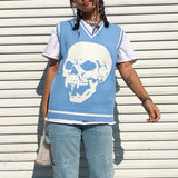 Kukombo Halloween Skulls Pullovers Sweater Sleeveless Vest V-Neck Knitwear Tank Top Casual Women Streetwear 2022 Autumn Preppy Style Lady