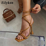 Christmas Gift Eilyken 2021 Summer Narrow Band Ankle Strap Women's High Heels Strappy Sandals Square Head Female Strange Style Women Shoes