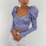 Kukombo Vintage Puff Sleeve Satin Shirt Elegant Women's Blouse Square Collar Folds Slim Crop Tops Autumn Sexy Chic Party Shirts
