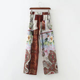 Kukombo Vintage Chic Contrast Colors Patchwork Print Pants Women 2021 Fashion Elastic Waist Side Pockets Trousers Pantalones Mujer