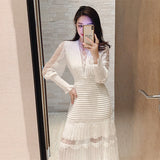 Kukombo Fashion Designer Spring Elegant Dresses 2022 Dress Autumn Women V-Neck Luxury Lace Patchwork Embroidery Sweet Midi Dress Female