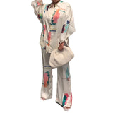 Kukombo 2023 Printed Casual Women Two Pieces Set Loungewear Long Sleeve Shirt Tops & Wide Leg Pants Set Homewear
