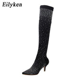 Christmas Gift Eilyken 2022 Fashion Runway Crystal Stretch Fabric Sock Boots Pointy Toe Over-the-Knee Heel Thigh High Pointed Toe Woman Boot