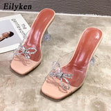 Christmas Gift Eilyken PVC Transparent Crystal Sun Flowers Buckle Womens Slippers Summer Square Toe Ladies Strange High Heels Sandals Shoes