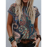 Christmas Gift 2021 Summer Women New Urban Casual Round Neck Print Short Sleeve  T-shirt Ladies Retro Plus Size Loose Shirt Tops