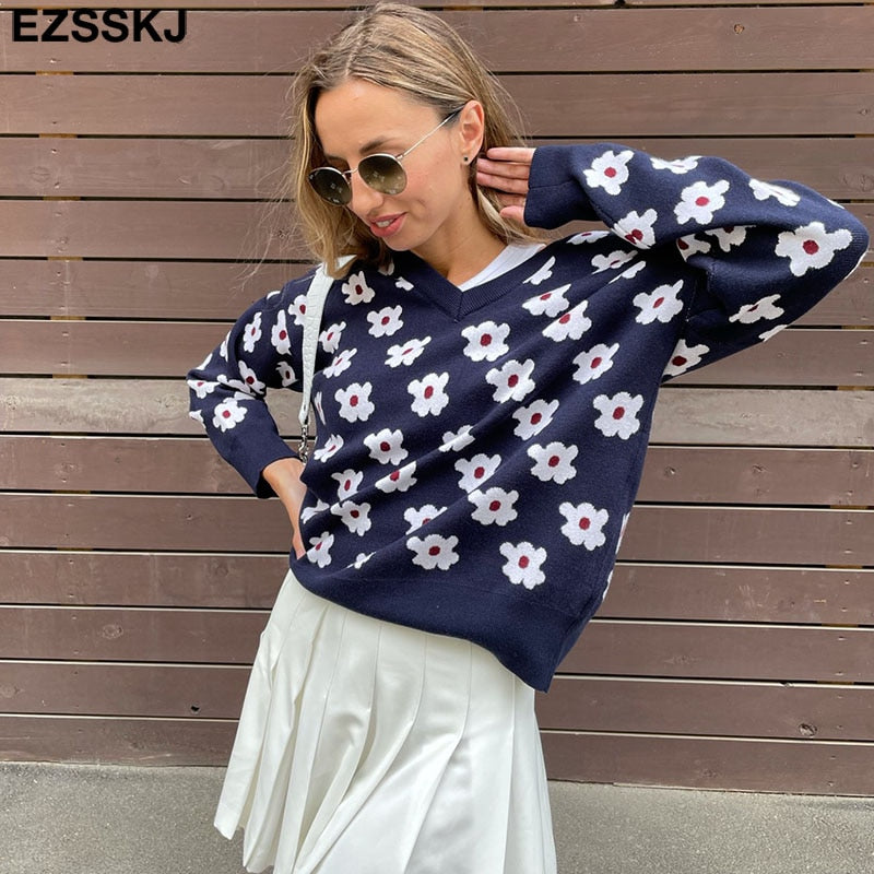 Christmas Gift oversize blue floral Sweater Pullovers Women winter autumn thick v-neck chic 2021 sweater long sleeve sweater top